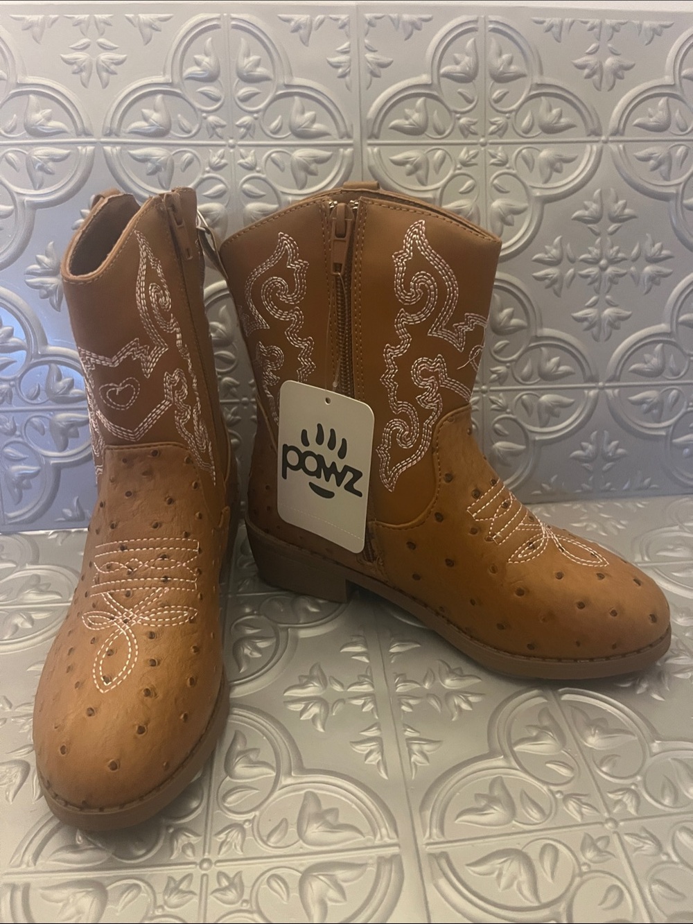 PAWZ Kids Tan Western Cowboy Boots with White Stitching
